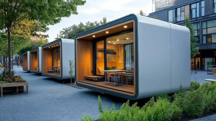 Une rangée de minuscules maisons modernes dans une zone résidentielle urbaine