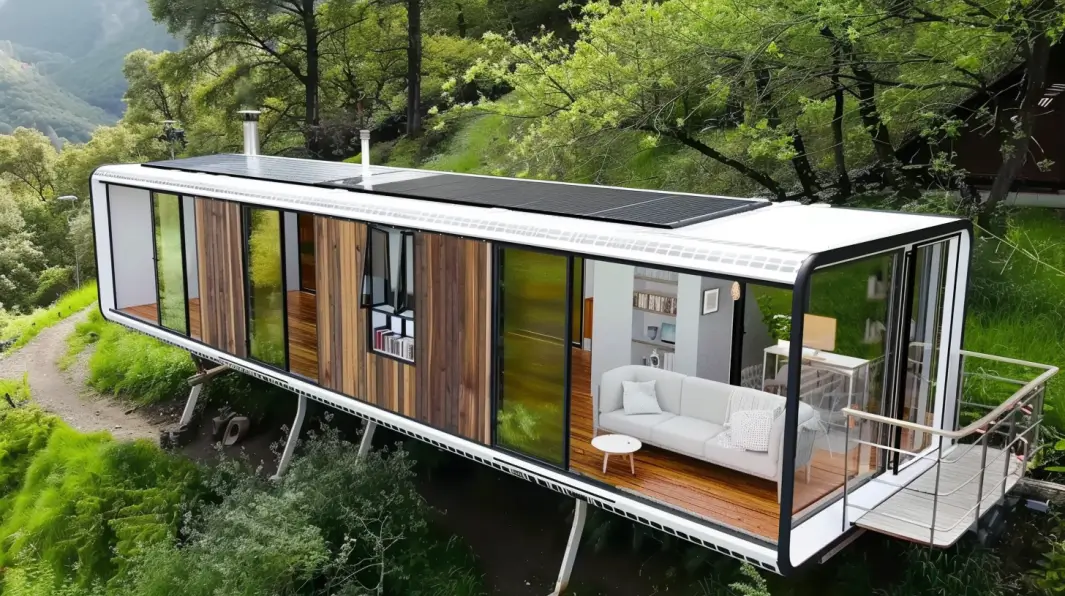 Maison mobile Apple Cabin avec panneaux solaires sur le toit, système de collecte des eaux de pluie et caractéristiques écologiques comme les toilettes de compostage, entourée de verdure luxuriante et d&#39;un environnement naturel, un style de vie durable.