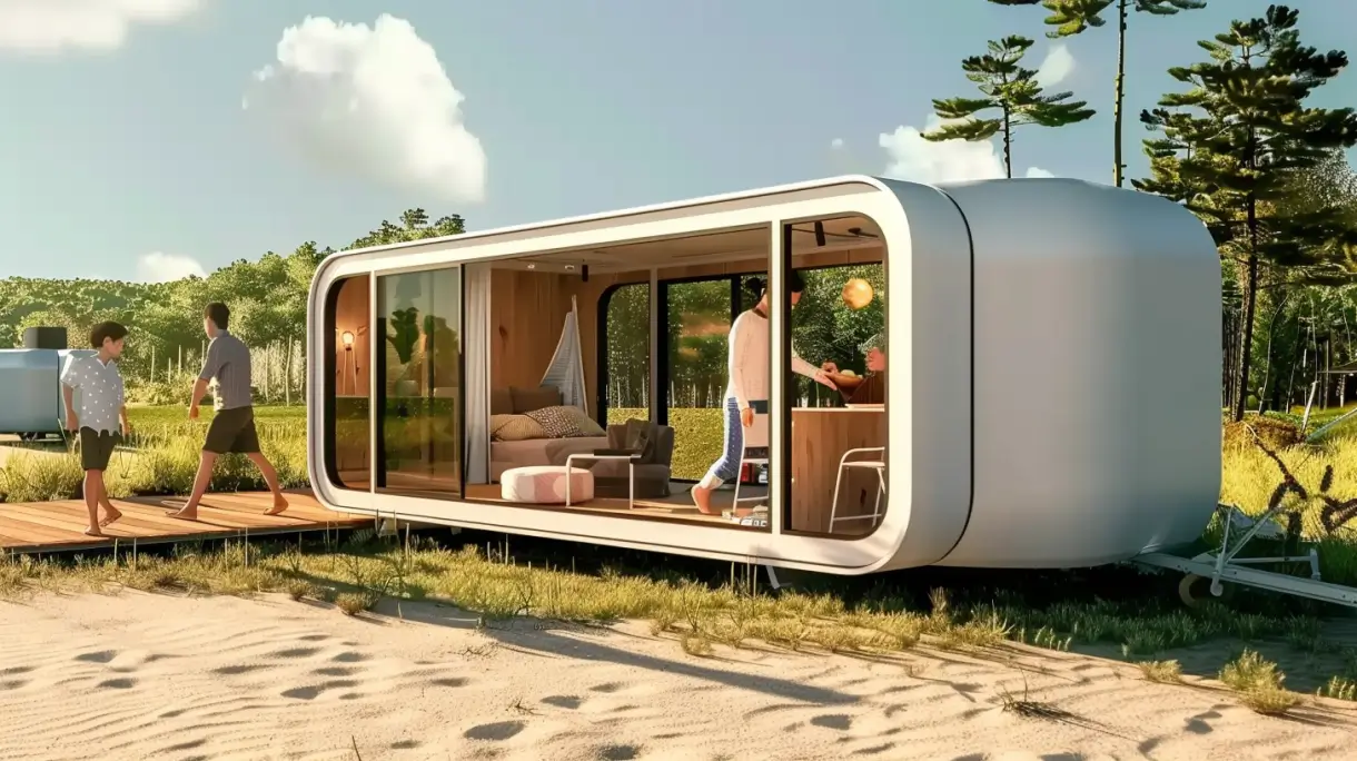 Happy Family emménage dans sa nouvelle maison mobile Apple Cabin, avec des intérieurs brillants, une disposition spacieuse et des fonctionnalités respectueuses de l&#39;environnement, dans un endroit pittoresque avec la nature tout autour, présentant le début d&#39;une aventure de vie mobile.