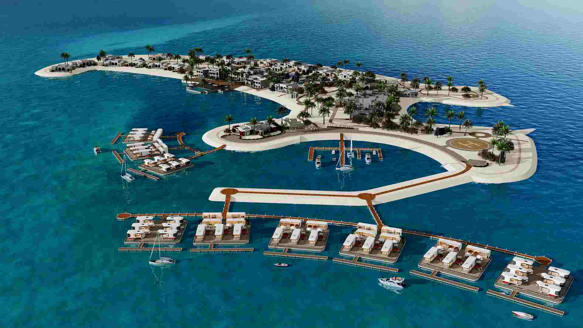 an aerial view of a space capsule resort on the water