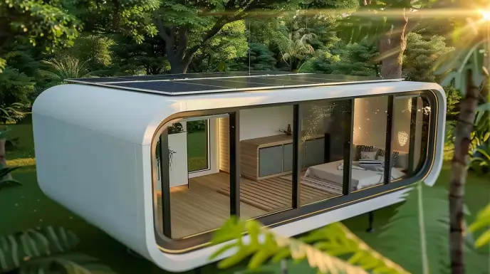 a white Tiny House Pod with a solar panel