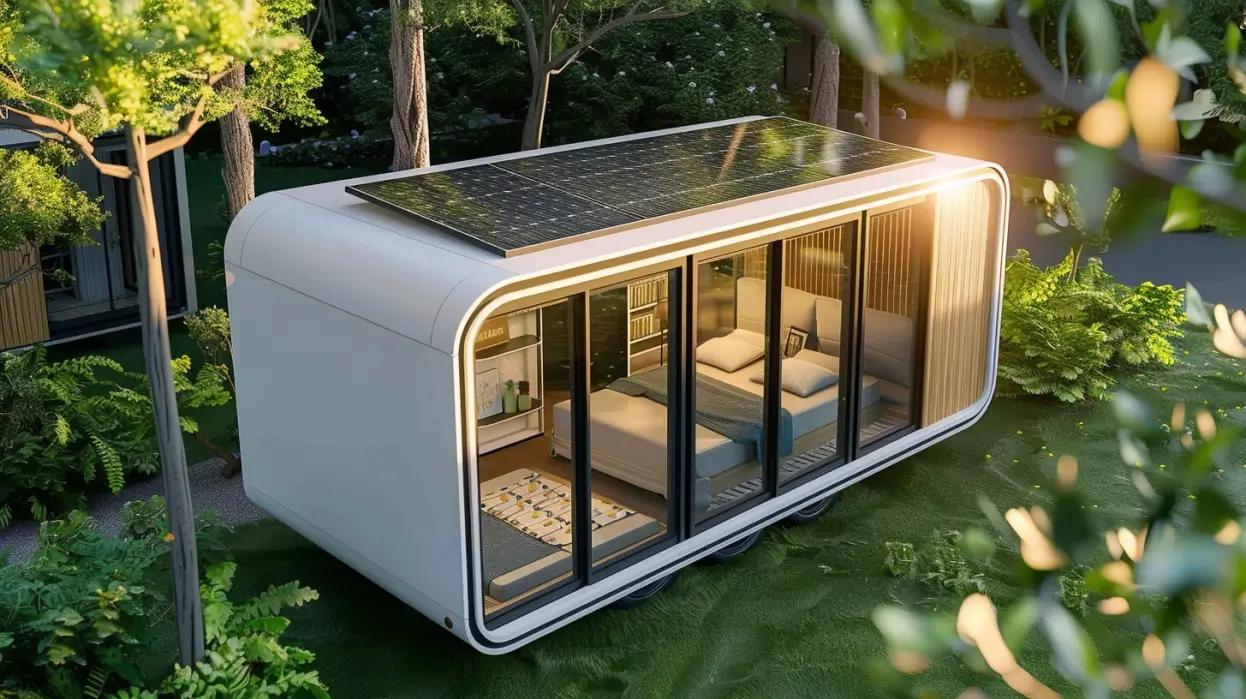 a white tiny house pod with a solar panel on top