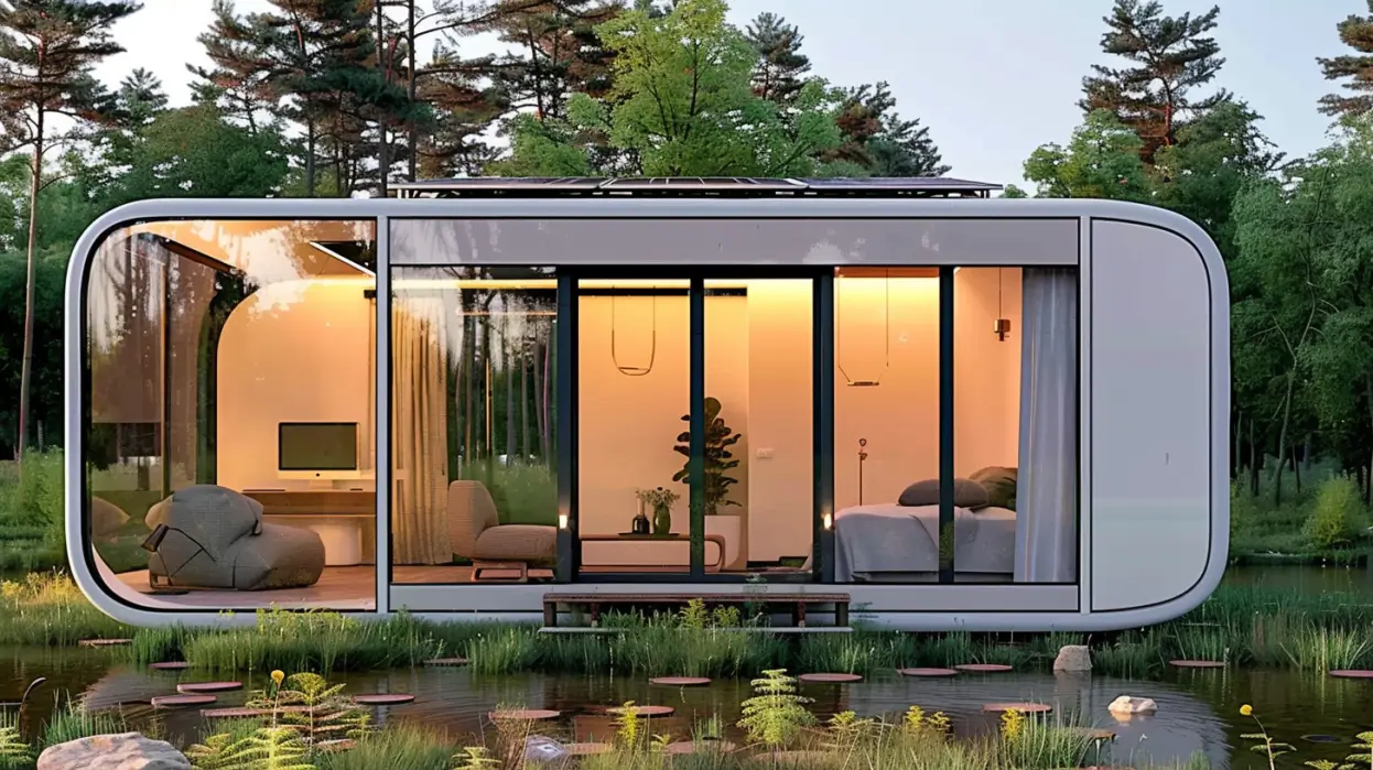 a Solar Tiny House Pod with a bed and a pond