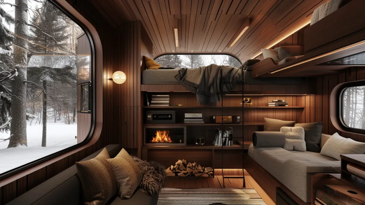 cozy living pod interior with walnut wood paneling and built-in fireplace
