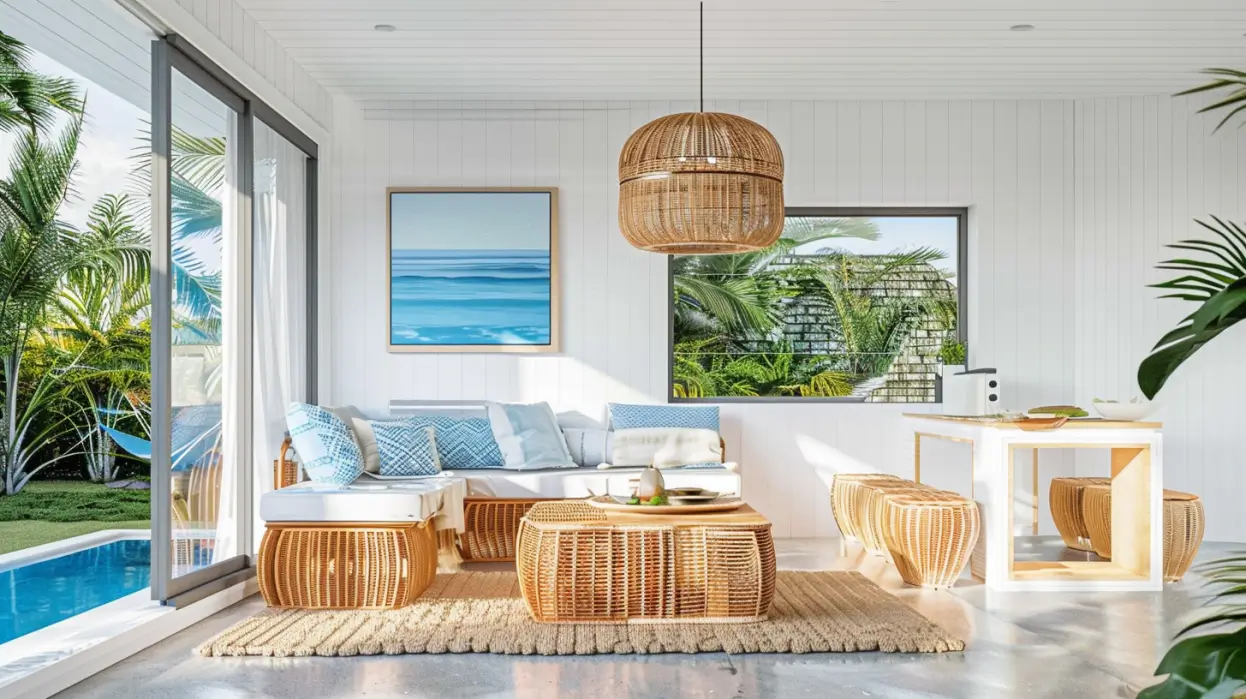 minimalist coastal living pod interior with white walls and rattan furniture