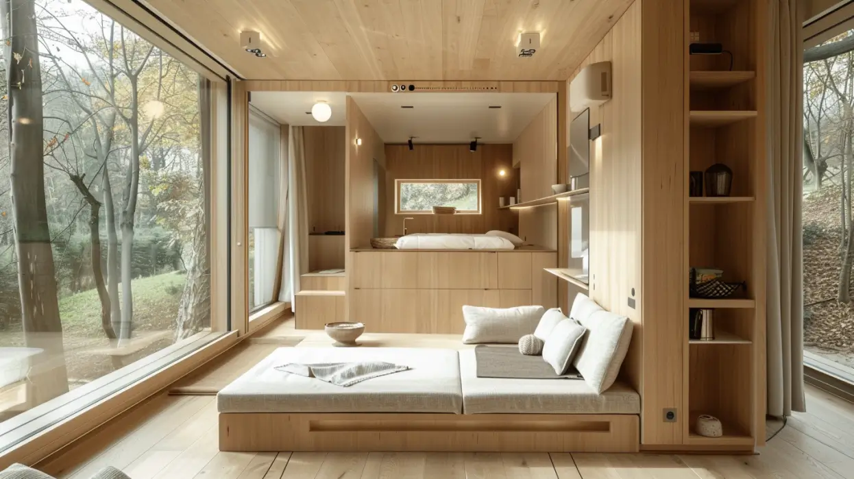 modern living pod interior with floor-to-ceiling windows and wooden finishes